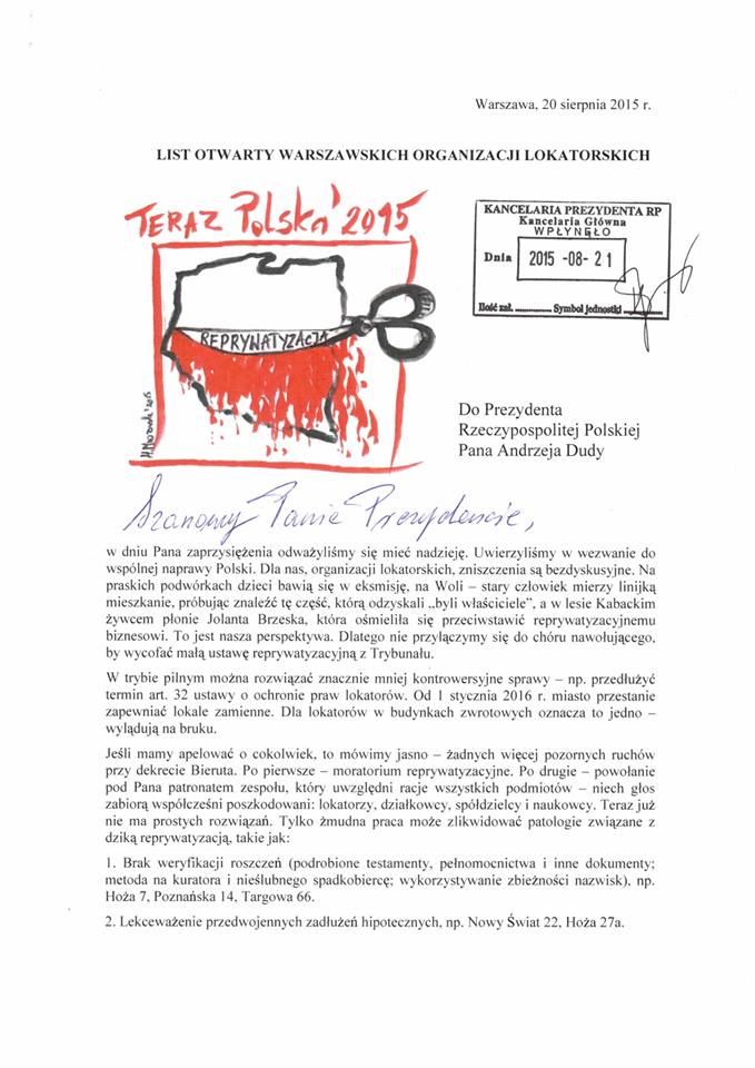 List otwarty warszawskich organizacji lokatorskich do prezydenta RP List otwarty warszawskich organizacji lokatorskich do prezydenta RP